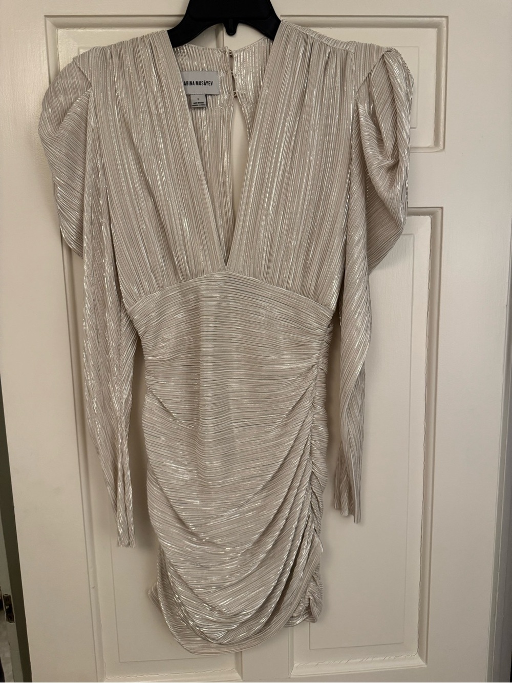 Sabina Musayev Metallic Ivory Pleated Long-Sleeve Mini Dress